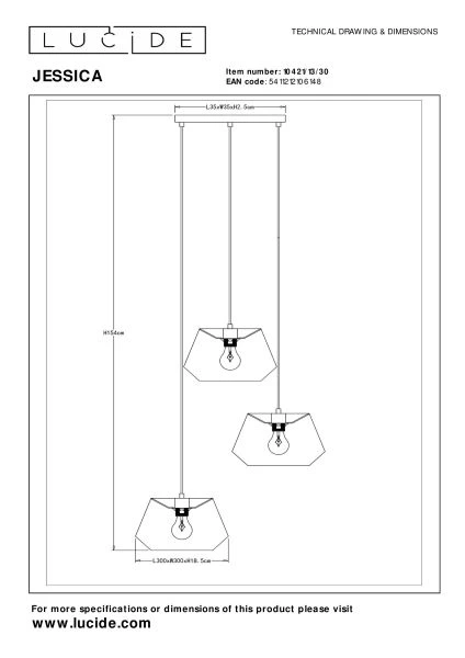 Lucide JESSICA - Lámpara colgante - Ø 35,5 cm - 3xE27 - Negro - técnico